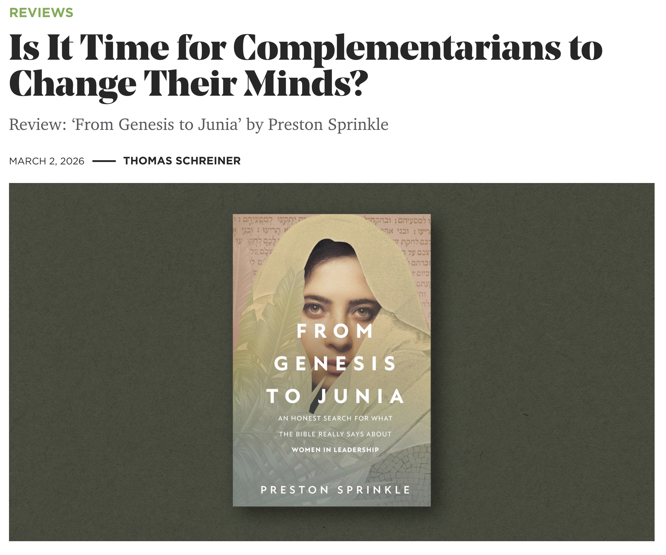 Picture from the Gospel Coalition Website with the Article from Dr. Thomas Schreiner