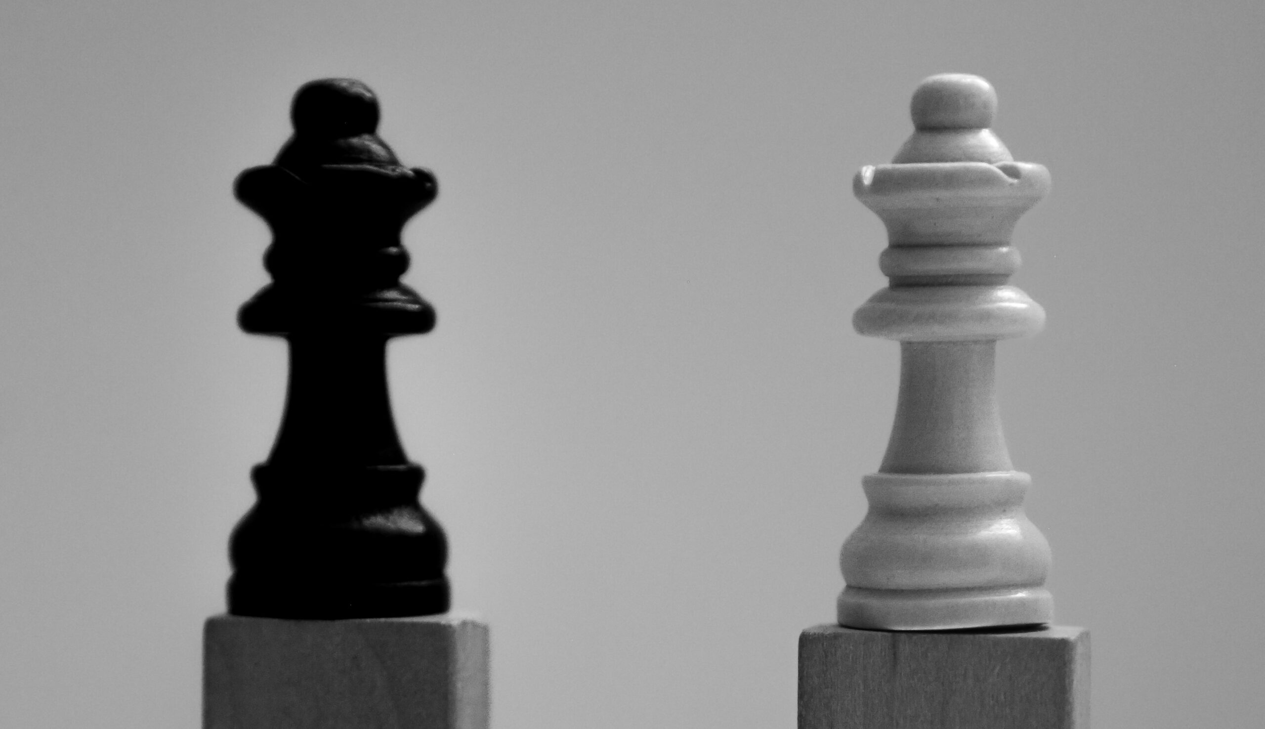 black and white picture of two chess pieces, one black and one white.